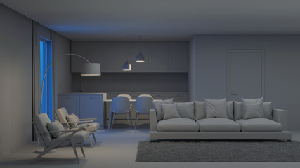 Modern house interior. Night. Evening lighting. 3D rendering.