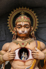 Hanuman statue, Hindu idol near Ganges River, Rishikesh, India. Sacred places for pilgrims
