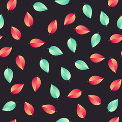 Seamless pattern with colorful leaves on black background. Abstract autumn vector backdrop for posters, flyers, wallpapers, textile etc.