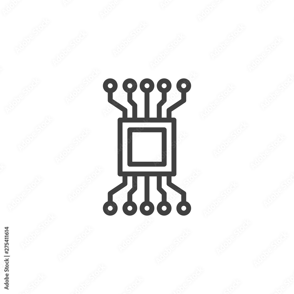 Poster Computer circuit chip line icon. Cpu processor scheme linear style sign for mobile concept and web design. Microprocessor, Microchip outline vector icon. Symbol, logo illustration. Vector graphics