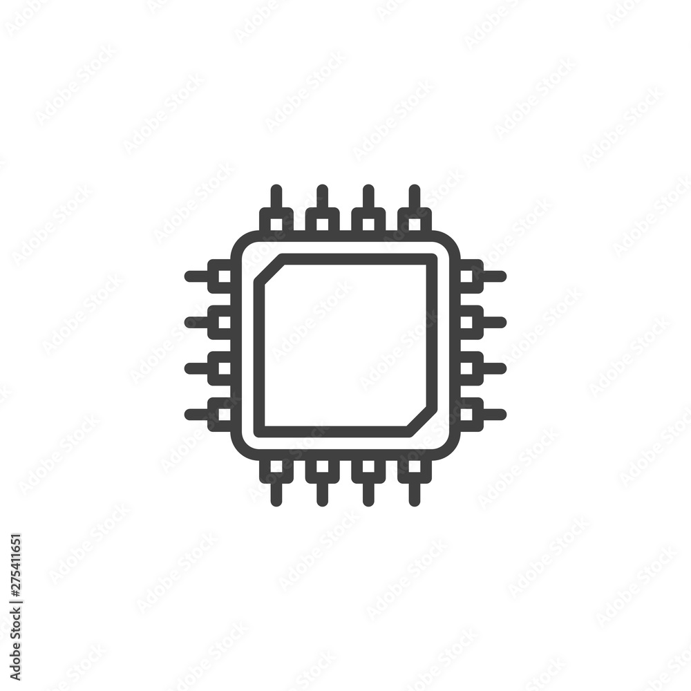 Poster Microprocessor, Microchip line icon. Cpu processor linear style sign for mobile concept and web design. Computer circuit chip outline vector icon. Symbol, logo illustration. Vector graphics