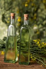Rapeseed flowers and rapeseed oil in a bottle on the table