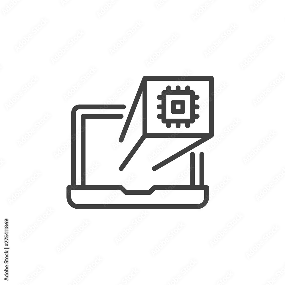 Poster laptop screen with processor line icon. computer chip linear style sign for mobile concept and web d