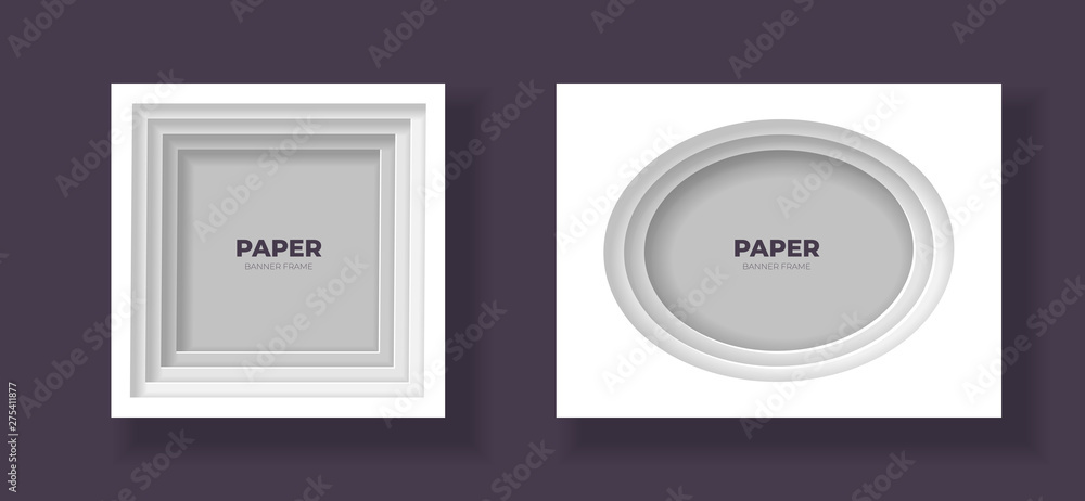 Poster vector cut out paper frame template set. ellipse and square frame with easy to recolor and move shad