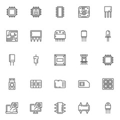 Computer microchip line icons set. linear style symbols collection outline signs pack. vector graphics. Set includes icons as Transistor chip, Microcircuit, Computer processor, Integrated circuit, led