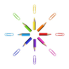 Octagonal Star of Realistic Colorful Pencils and Paperclips on White Background.