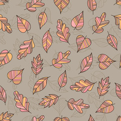 Creative Seamless Pattern of Pastel Leaves on Coffee-Colored Backdrop.
