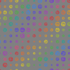 Creative Seamless Pattern of Colorful Circles of Different Size on Grey Backdrop.