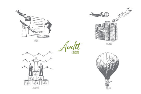 Audit, report, finance, analysis, search concept sketch