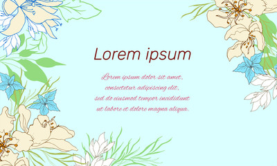 Background with gentle painted flowers. Elegant refined text frame. Spring contour flowers. Vector illustration