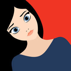 Vector flat style illustration of beautiful fashion young woman with black hair and blue eyes on red background. Intense and seductive sexy brunette girl in love 