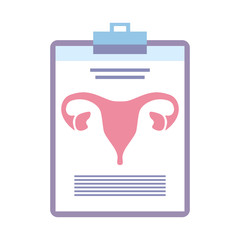 Human organs. Female uterus silhouette symbol on clipboard. emale reproductive system, female reproductive organs. Organs location scheme uterus, cervix, ovary, fallopian tube icon.