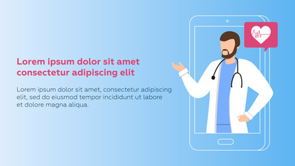 Online medical consultation and support. Online doctor. Healthcare services, Ask a doctor. Family doctor with stethoscope on the phone screen. Vector for clinic web site, app