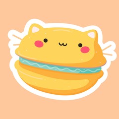 Hand drawn vector illustration of a kawaii funny macaron with cat earsand cute face. Isolated objects on background. macaroon cakes. Design for cafe menu, children print, sticker, poster