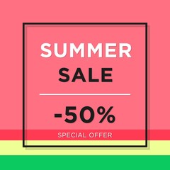 Bright colorful Summer sale banner template on watemelon vector illustration. Summer sale announcement for banner, poster. Fresh exotic fruit