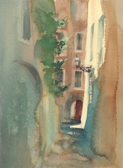 Old town sketch with shadows watercolor background