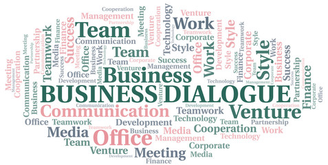 Business Dialogue word cloud. Collage made with text only.