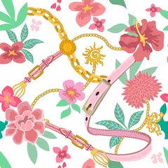Photo sur Plexiglas Élément floral et bijoux Imprimé fleuri coloré avec ceintures et chaînes.