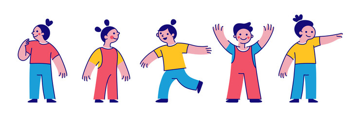 Vector illustration with simple flat characters - happy smiling kids playing together - children party