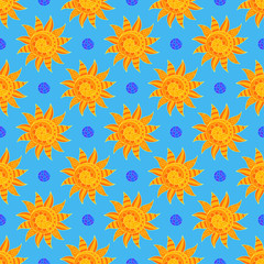 Fototapeta na wymiar Bright Sunny Seamless Pattern of Hand-drawn Yellow Suns on Light Blue Backdrop.
