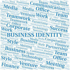 Business Identity word cloud. Collage made with text only.