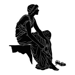 An ancient Greek young woman sits and takes off her sandals. Vector image isolated on white background.