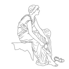 An ancient Greek young woman sits and takes off her sandals. Vector image isolated on white background.