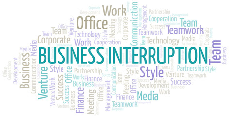 Business Interruption word cloud. Collage made with text only.