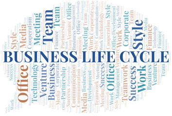 Business Life Cycle word cloud. Collage made with text only.