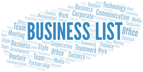 Business List word cloud. Collage made with text only.