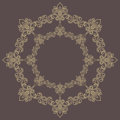 Oriental vector round pattern with golden arabesques and floral elements. Traditional classic ornament. Vintage pattern with arabesques