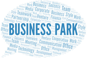 Business Park word cloud. Collage made with text only.