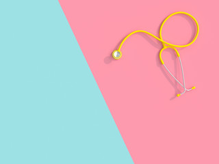 3d image of a yellow stethoscope on a pink and blue background.
