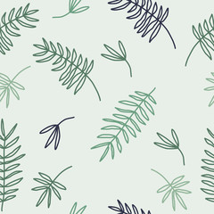 Fototapeta na wymiar Abstract spring seamless pattern with leaves in pastel green colors on light background. Scandi decor. Wall art, wallpaper, packaging paper design. Vector illustration.
