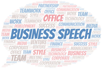 Business Speech word cloud. Collage made with text only.