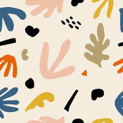 Seamless childish pattern with hand drawn abstract leaves and shapes. Creative scandinavian kids fabric, wrapping texture, textile, wallpaper, home apparel. Vector illustration.