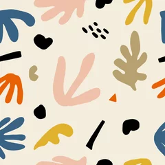 Fotobehang Scandinavische stijl Naadloos kinderachtig patroon met hand getrokken abstracte bladeren en vormen. Creatieve scandinavische kinderstof, inwikkeling van textuur, textiel, behang, huiskleding. Vector illustratie.
