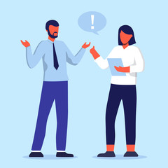 Businessman and business woman talking at working place vector illustration set. Team, boss, businesswoman, secretary and clients characters. Office life business concept.