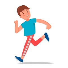 Cute boy in sportswear running and playing. Happy kids playing together outdoor. Sports activity, healthy lifestyle. Colorful vector illustration in flat cartoon style.