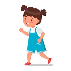 Cute little girl in denim shorts is running in full-length. Funny vector girl, isolated art on white background.