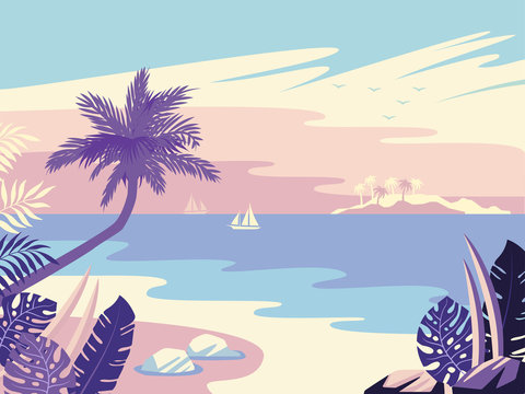 Summer tropical islands background in the daytime. Vector illustration.