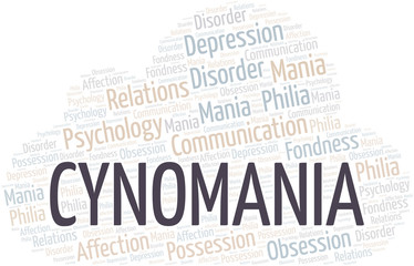Cynomania word cloud. Type of mania, made with text only.