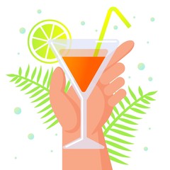 Human Hand Holding Glass with Cocktail, Summertime