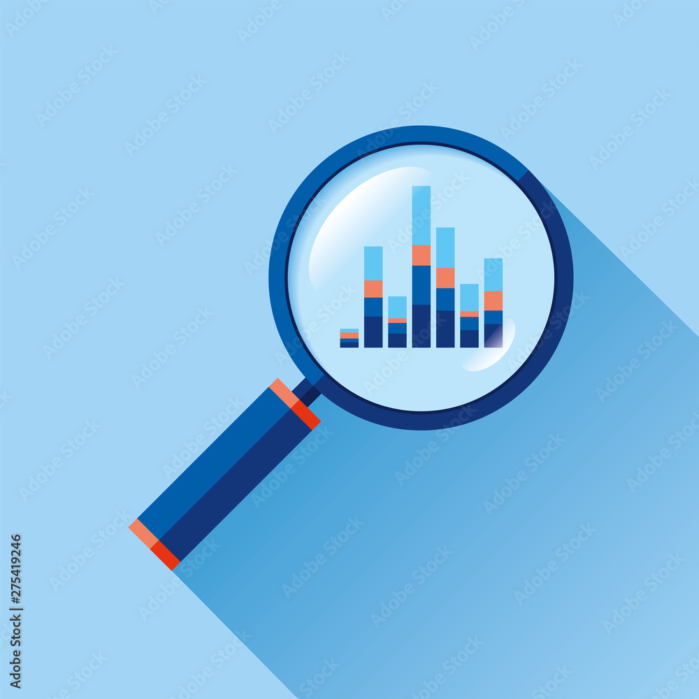 Poster magnifying glass icon in flat style. search loupe on color background. business analytic charts illu