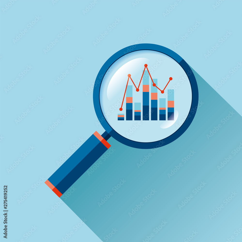 Poster magnifying glass icon in flat style. search loupe on color background. business analytic charts illu