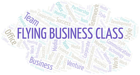 Flying Business Class word cloud. Collage made with text only.