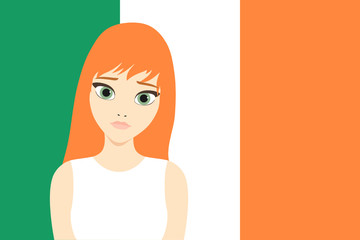Vector illustration of a beautiful redhead girl in front of the irish flag representing the northern Europe beauty type