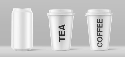 Realistic blank paper cups with plastic lid mockup and aluminum can mockup. Front view. Coffee to go, beer, water, soda, energetic, take out mug. Ready for your design. Vector illustration. EPS10.