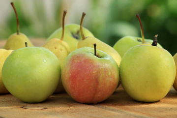 Ripe apples of light varieties with drops of water.