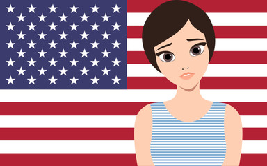 Vector illustration of a beautiful short hair brunette girl from the U.S.A. posing in front of the american flag representing the american beauty type